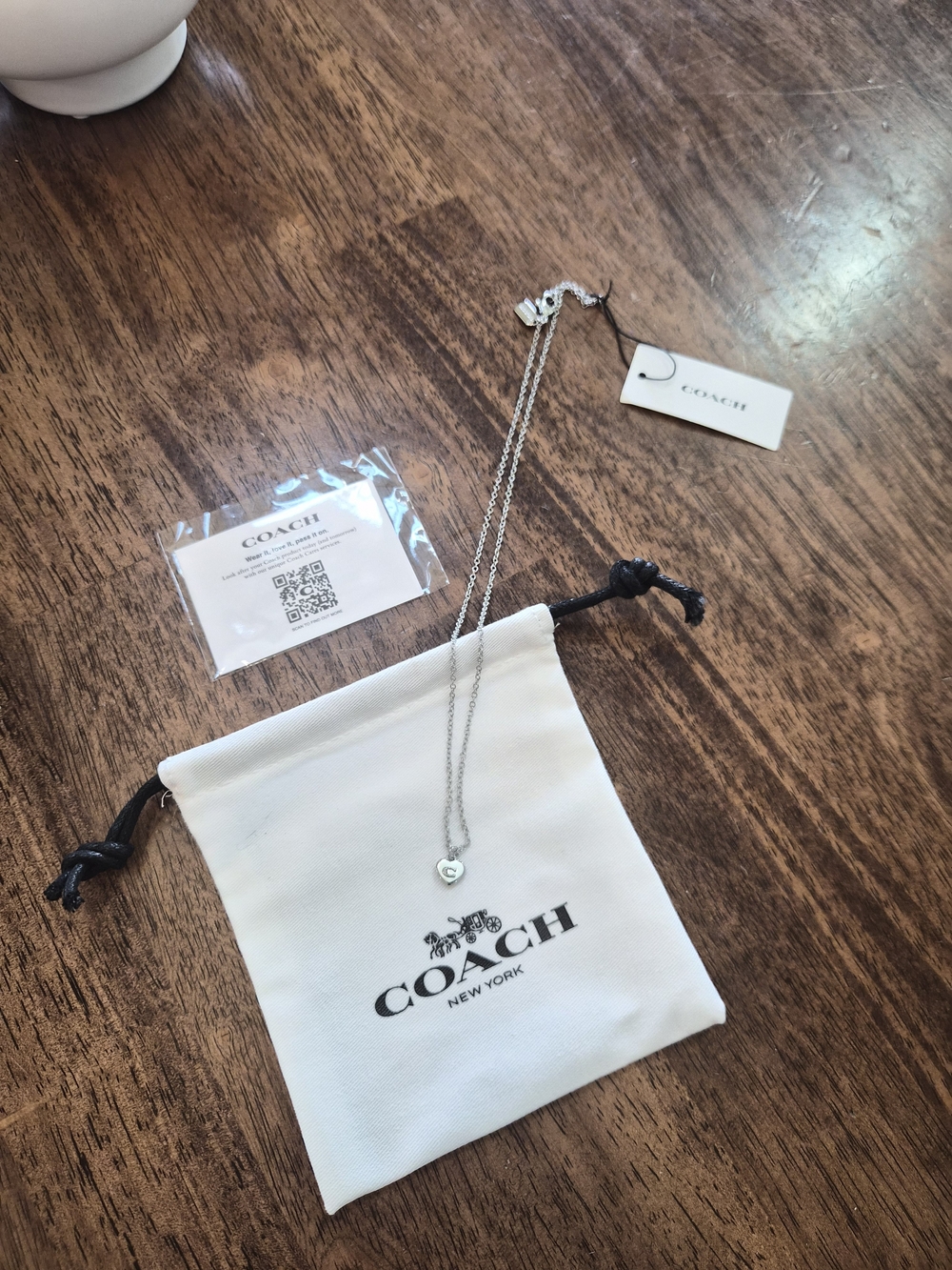 Coach Silver Heart Pendant Necklace with Logo Pouch